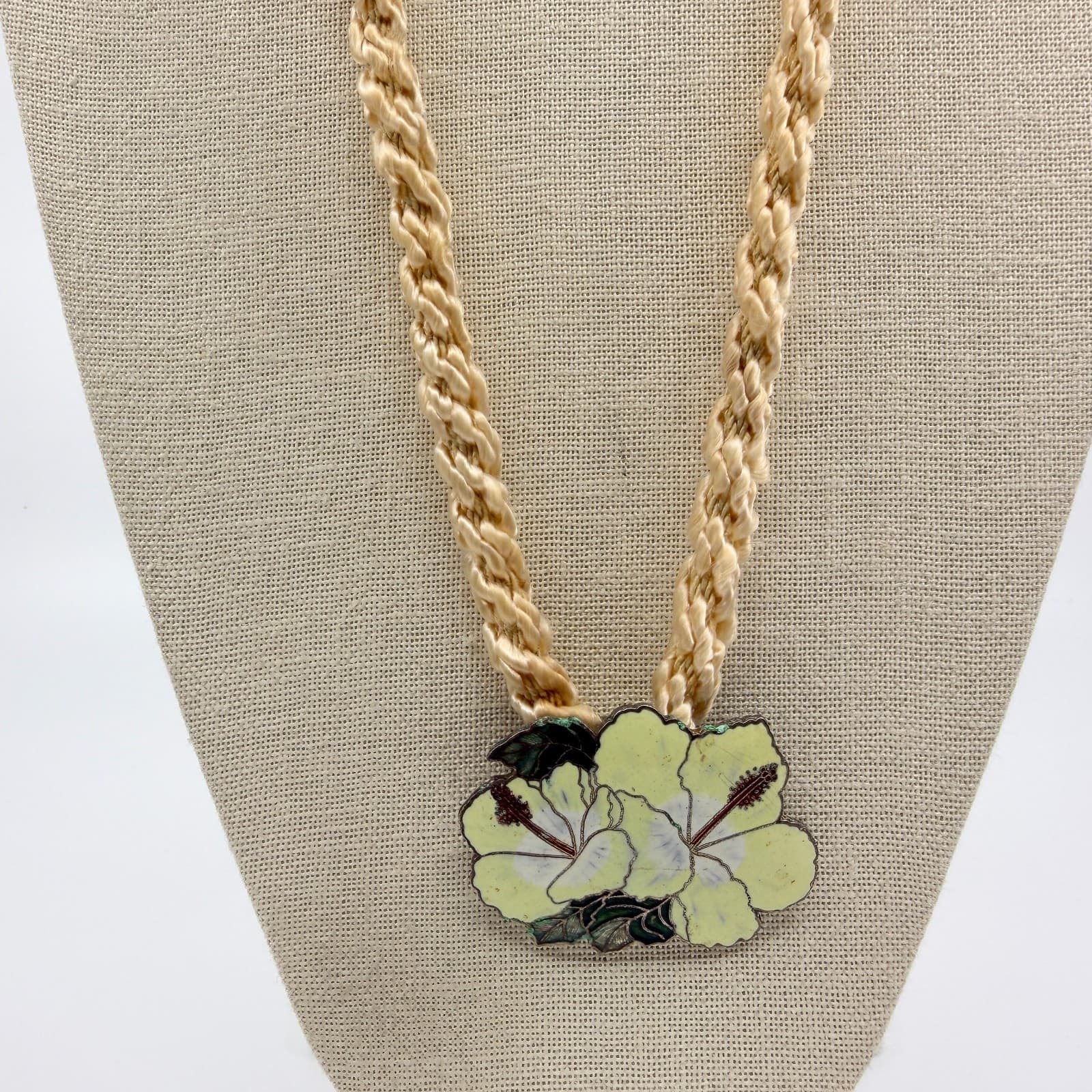 Vintage Cloisonne Enamel Flower Necklace Hibiscus Pendant Satin Silk Cord Boho - Thumbnail 5