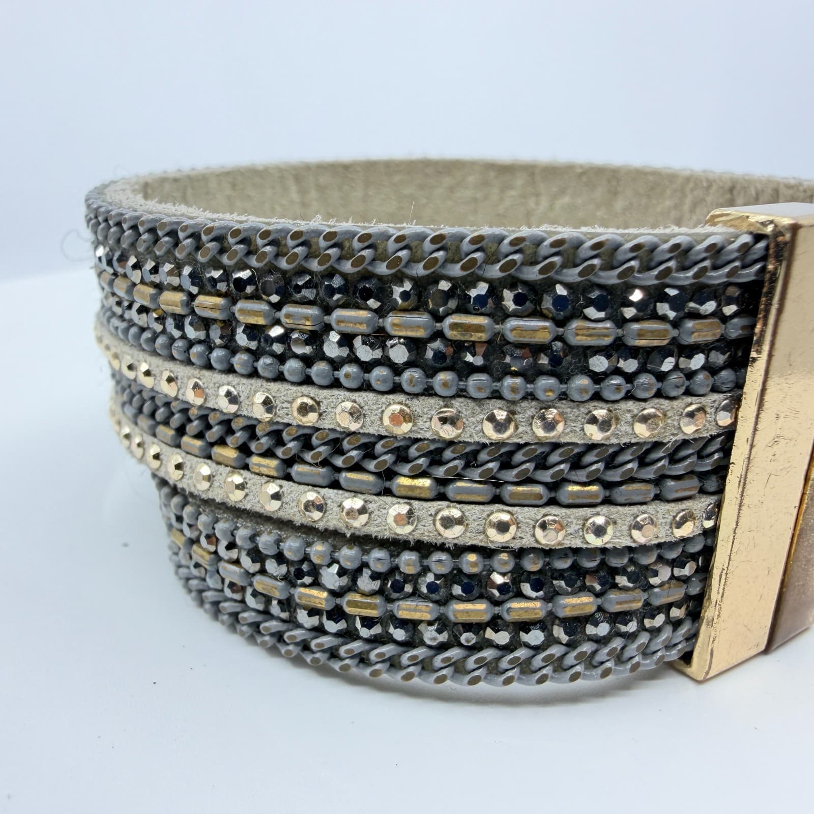VTG Multi Strand Leather Cuff Bracelet Rhinestone Magnetic Clasp Gray Gold Tone - Thumbnail 3