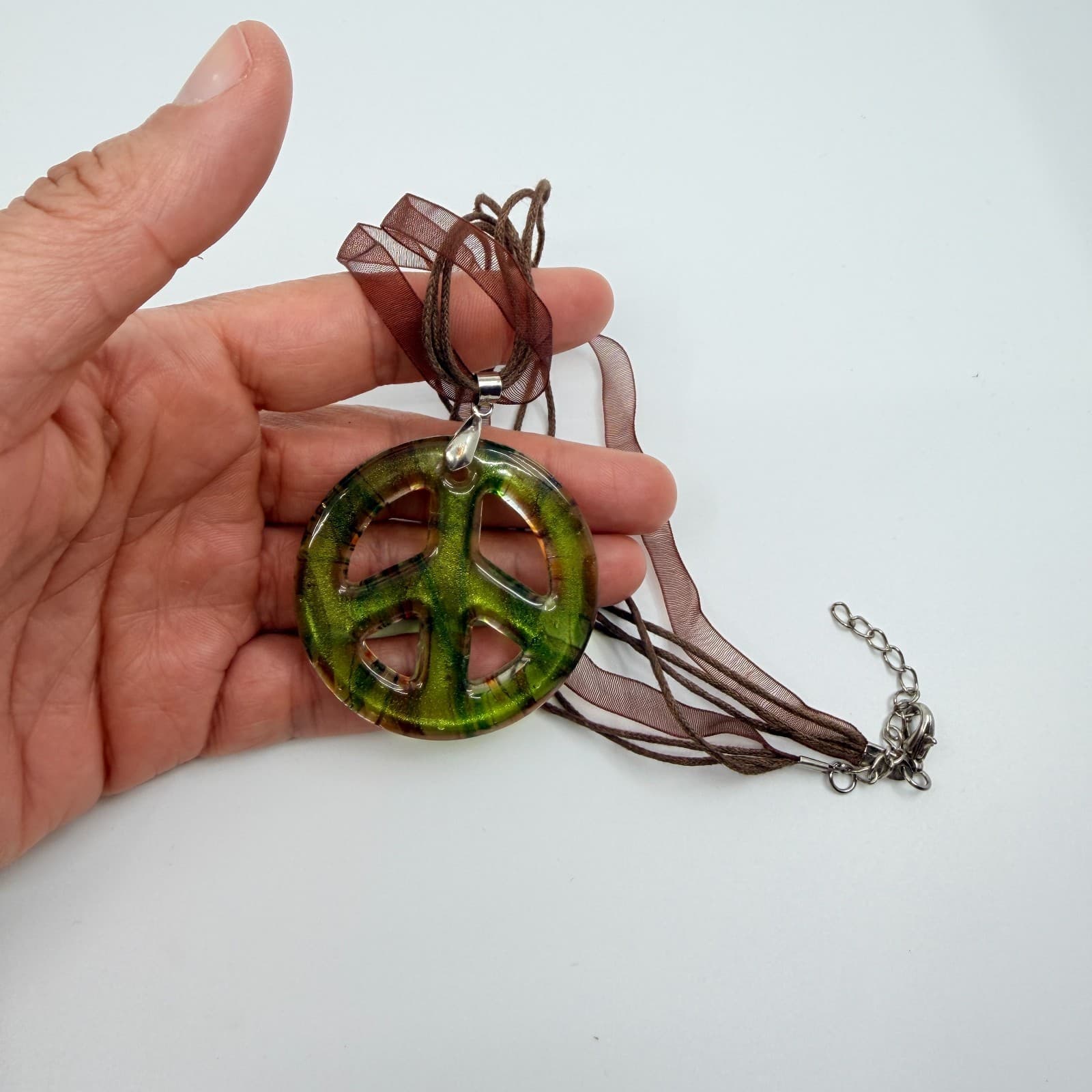 Vintage Green Art Glass Peace Sign Necklace Dichroic Pendant Ribbon Cord Boho - Thumbnail 6