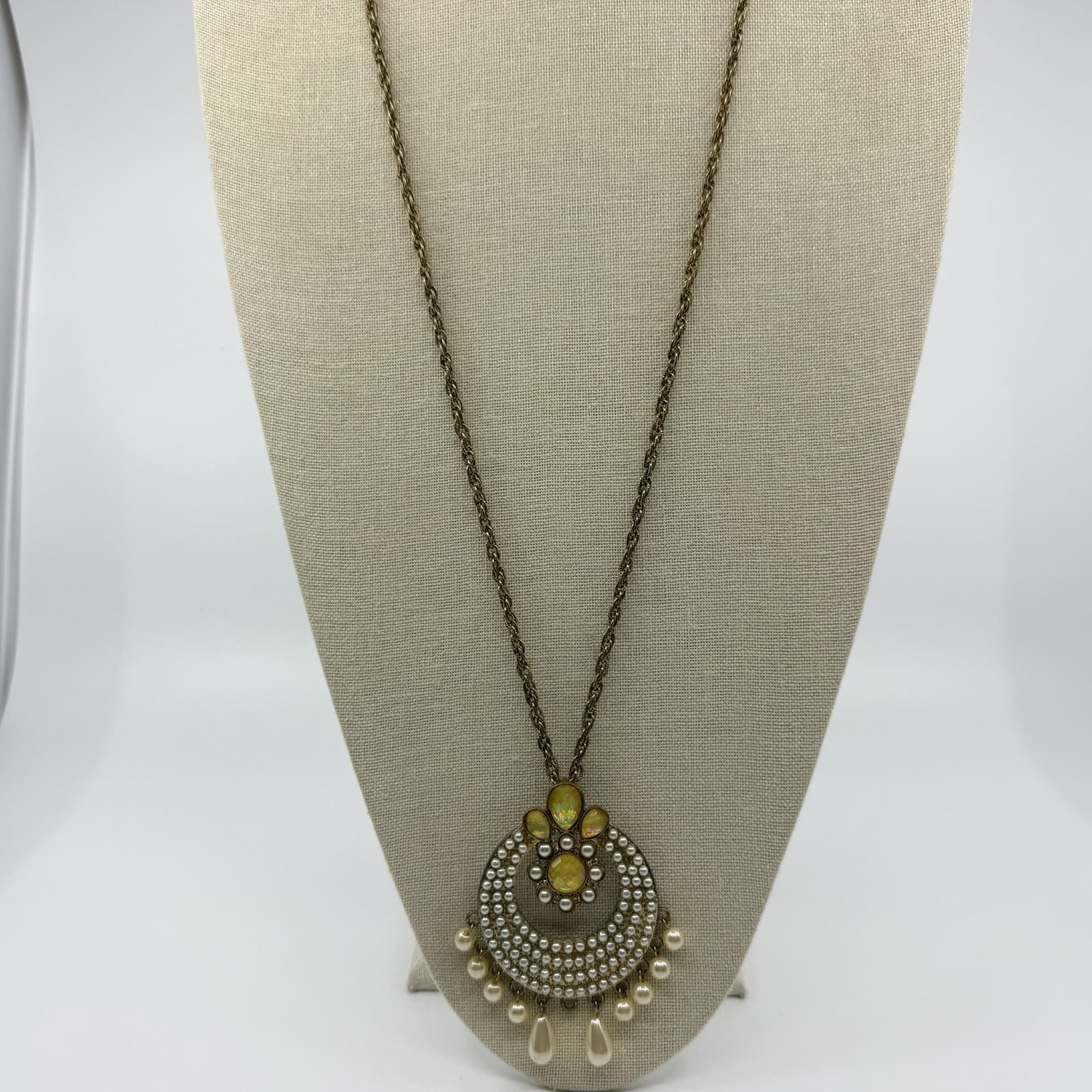Vintage Antique Brass Tone Chandelier Necklace Faux Pearl Opal Color Statement - Thumbnail 5