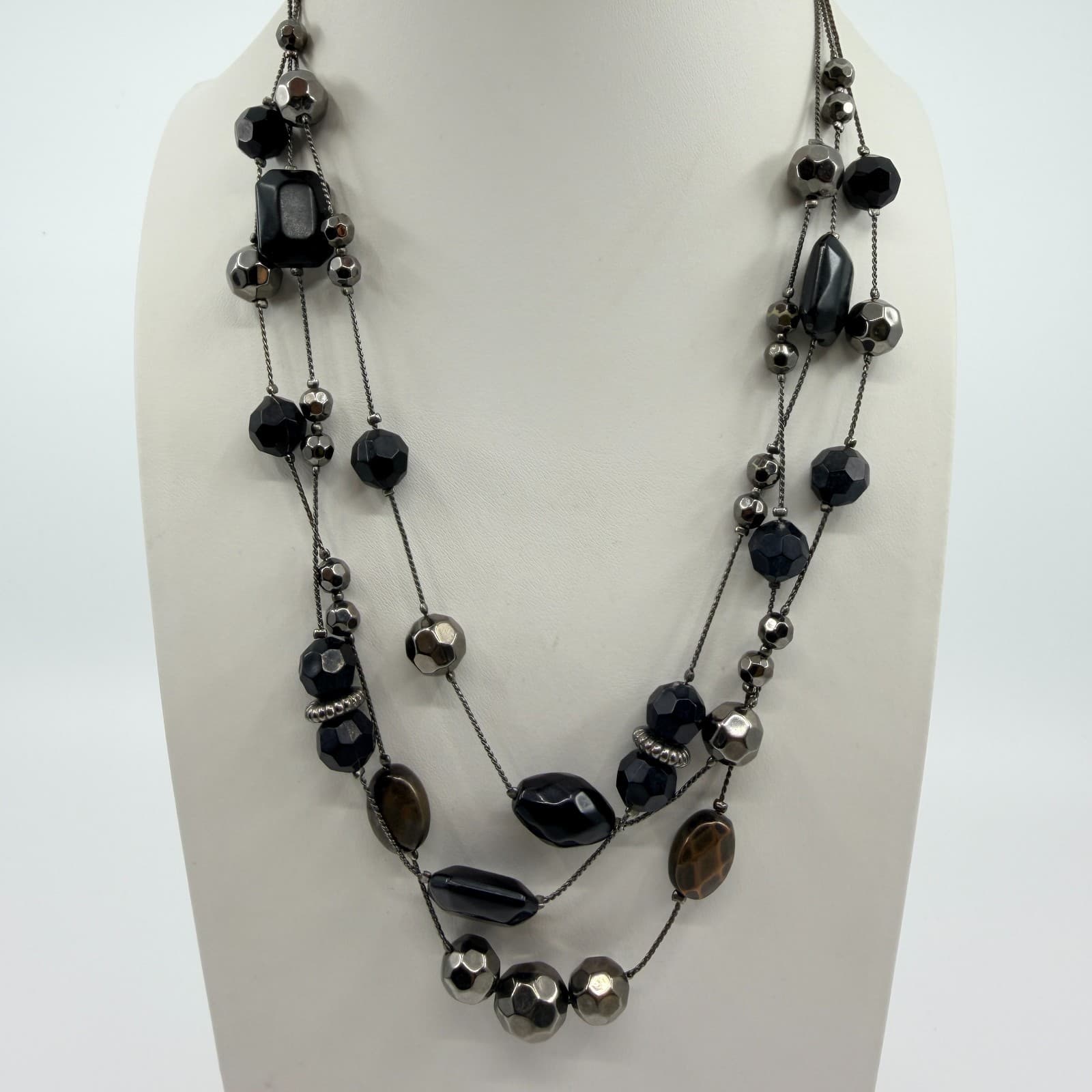 Vintage Gunmetal Tone Layered Necklace Multi Strand Black Onyx Color Bead Boho - Thumbnail 6