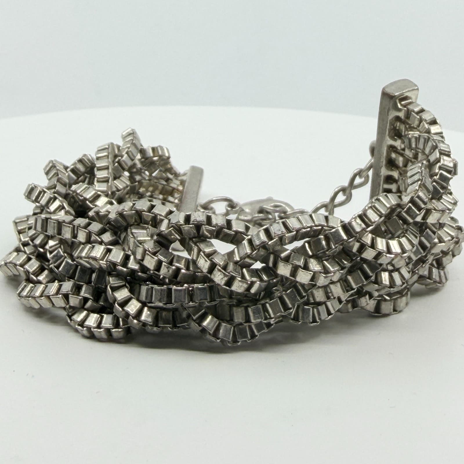 Vintage Y2K Silver Tone Multi Strand Braided Box Chain Chunky Statement Bracelet - Thumbnail 3