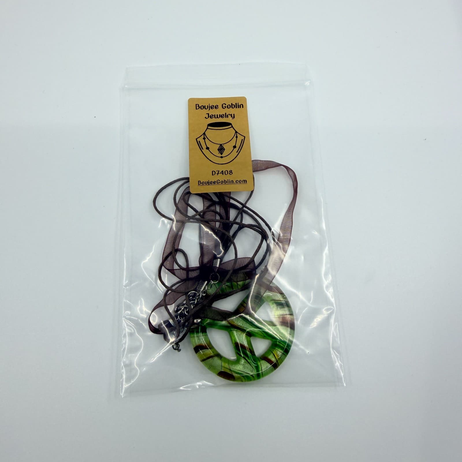 Vintage Green Art Glass Peace Sign Necklace Dichroic Pendant Ribbon Cord Boho - Thumbnail 8