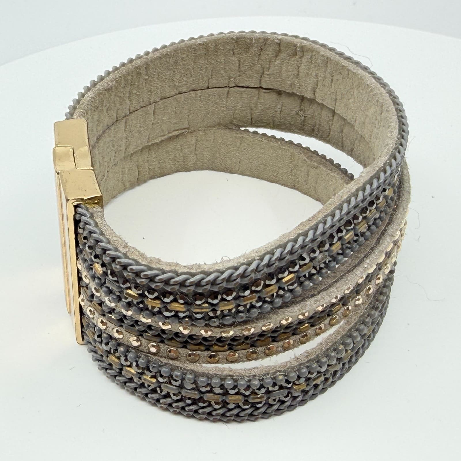 VTG Multi Strand Leather Cuff Bracelet Rhinestone Magnetic Clasp Gray Gold Tone - Thumbnail 8