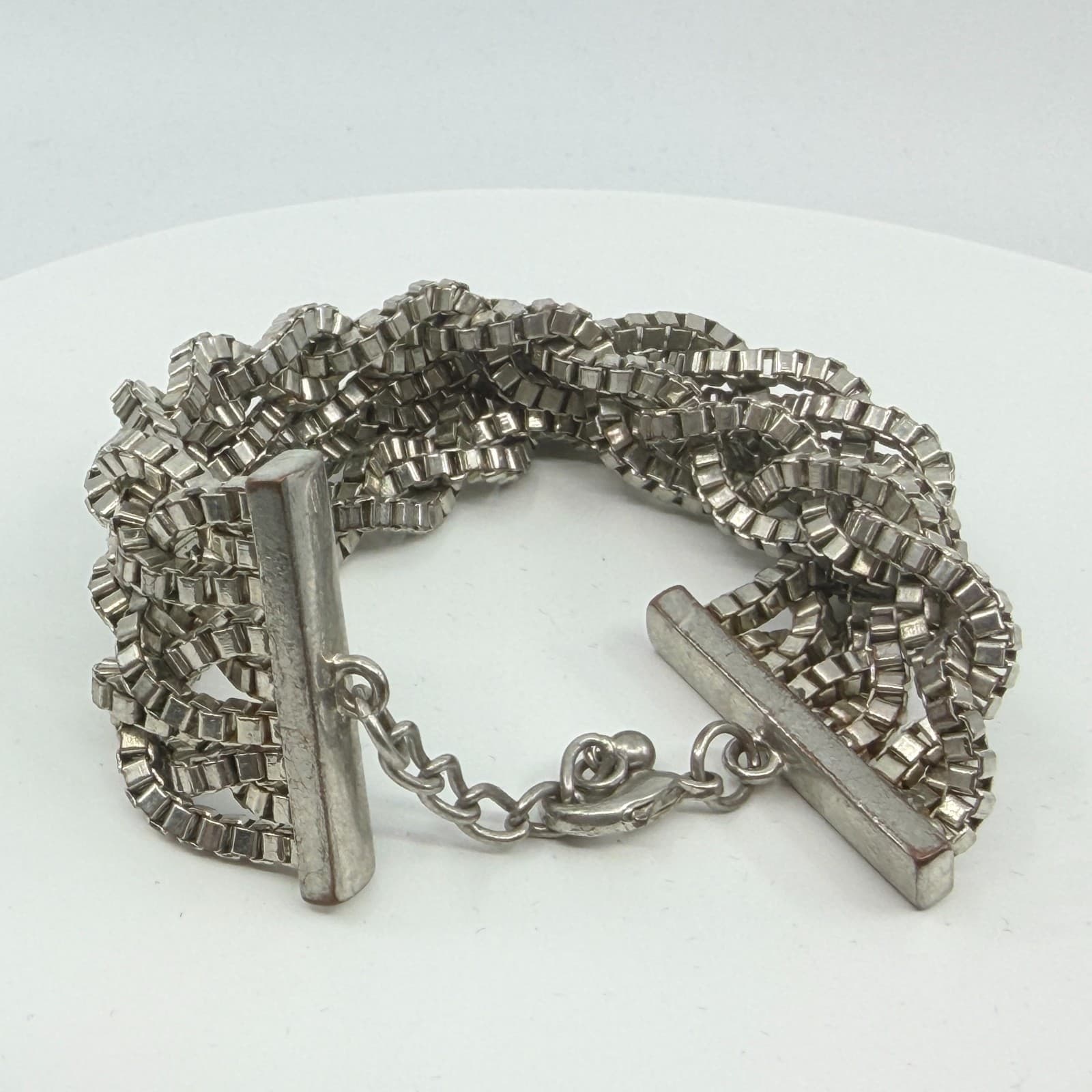 Vintage Y2K Silver Tone Multi Strand Braided Box Chain Chunky Statement Bracelet - Thumbnail 5