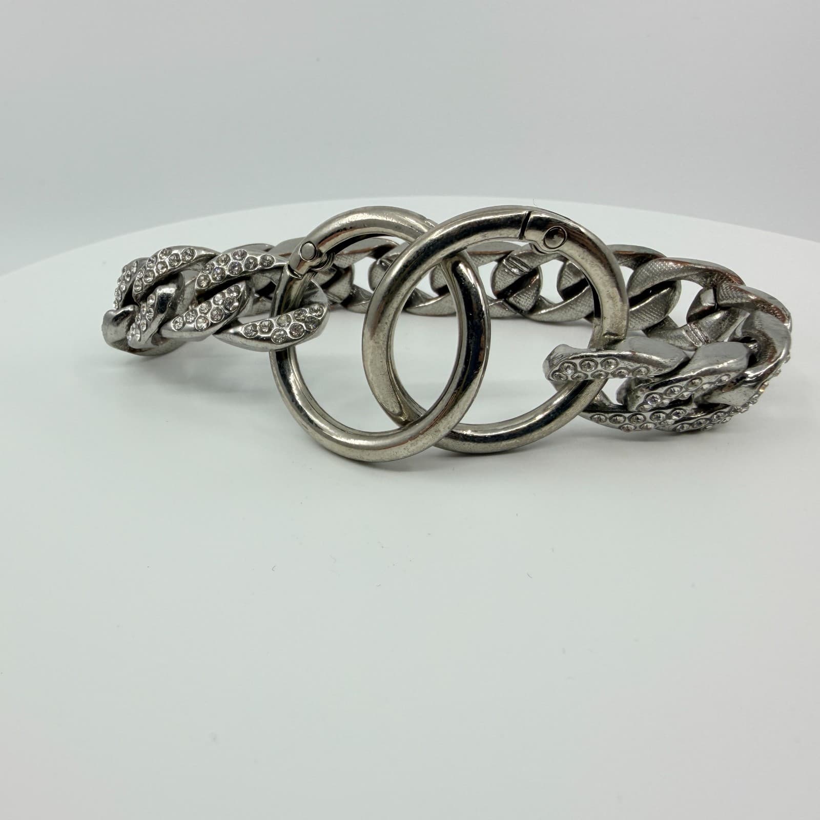 Vintage Silver Tone Chunky Curb Chain Bracelet Clear Rhinestone Pavé Link Y2K - Thumbnail 6