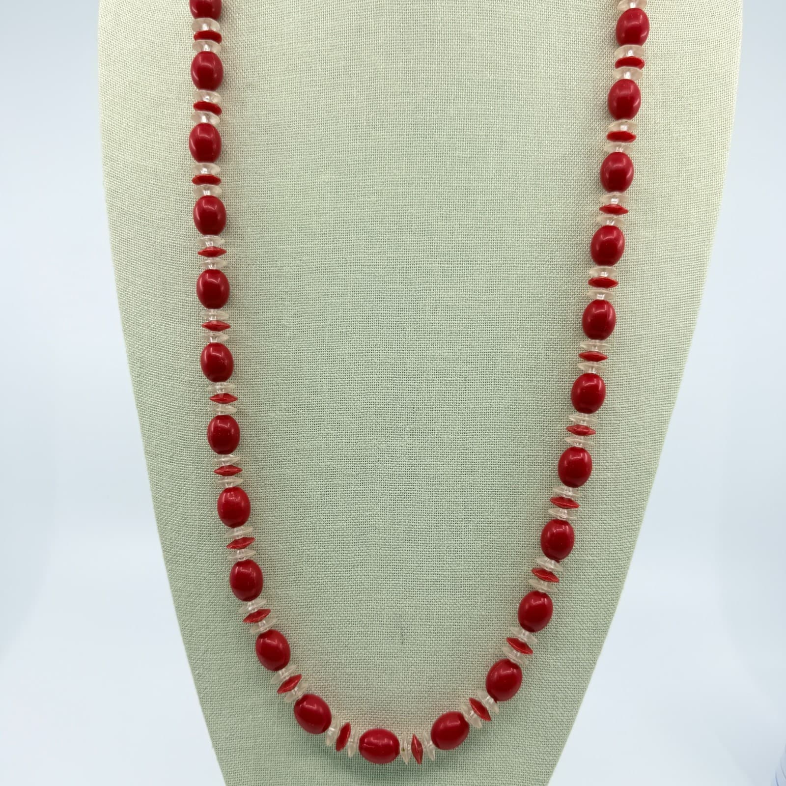 Vintage Long Coral Color Bead Necklace Red Oval Spacer Strand Opera Flapper Boho - Thumbnail 3