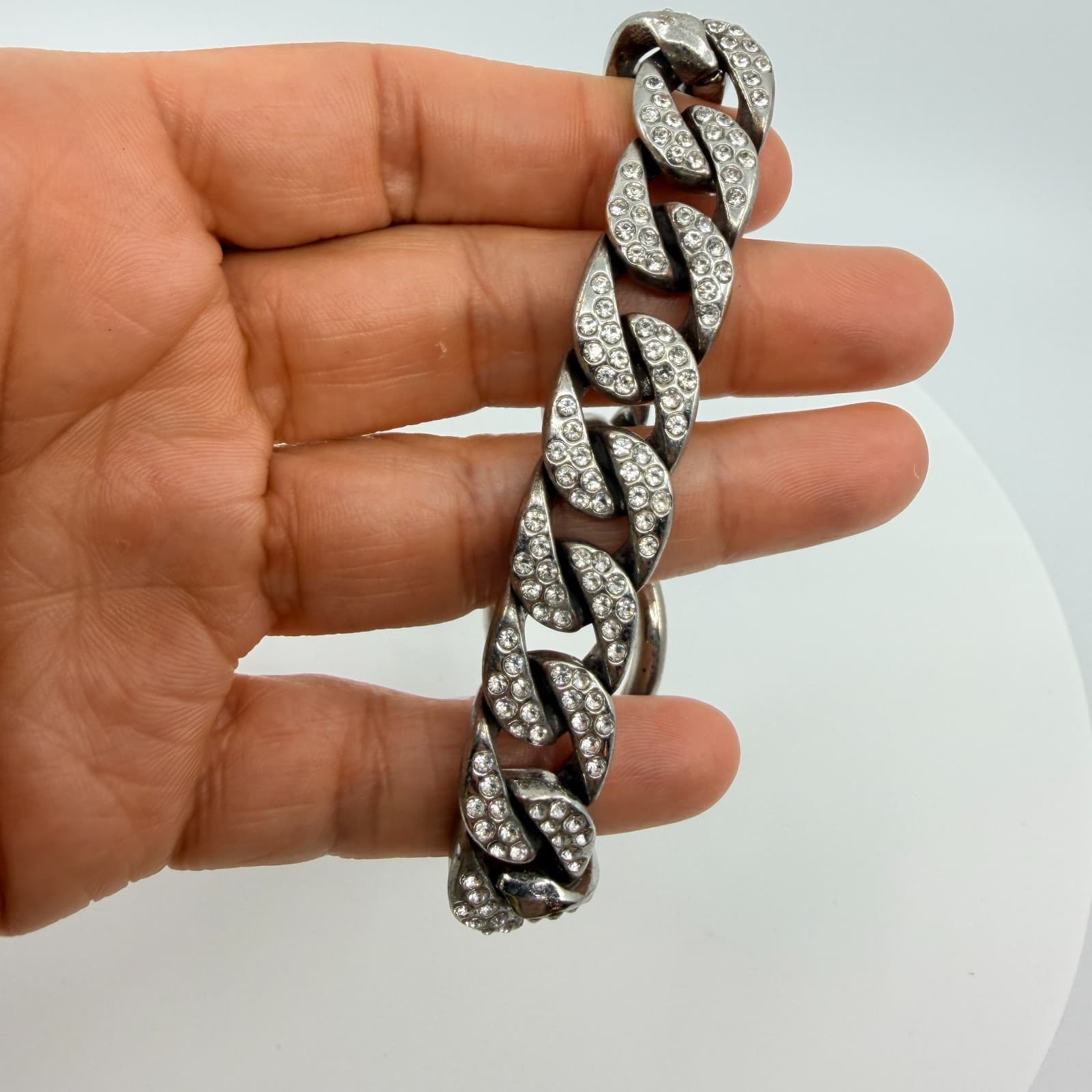 Vintage Silver Tone Chunky Curb Chain Bracelet Clear Rhinestone Pavé Link Y2K - Thumbnail 8
