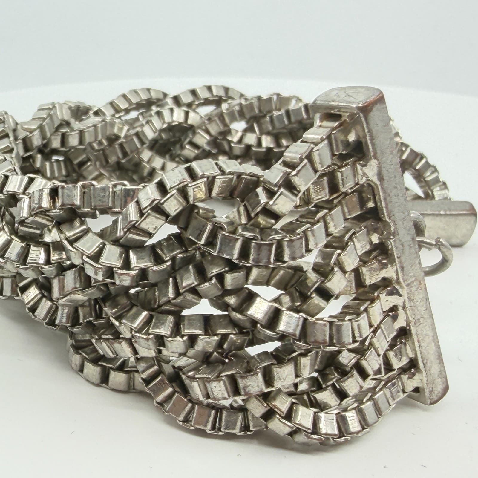 Vintage Y2K Silver Tone Multi Strand Braided Box Chain Chunky Statement Bracelet - Thumbnail 4