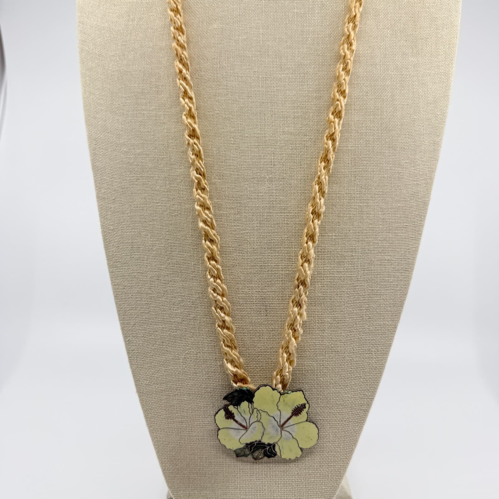Vintage Cloisonne Enamel Flower Necklace Hibiscus Pendant Satin Silk Cord Boho - Thumbnail 3