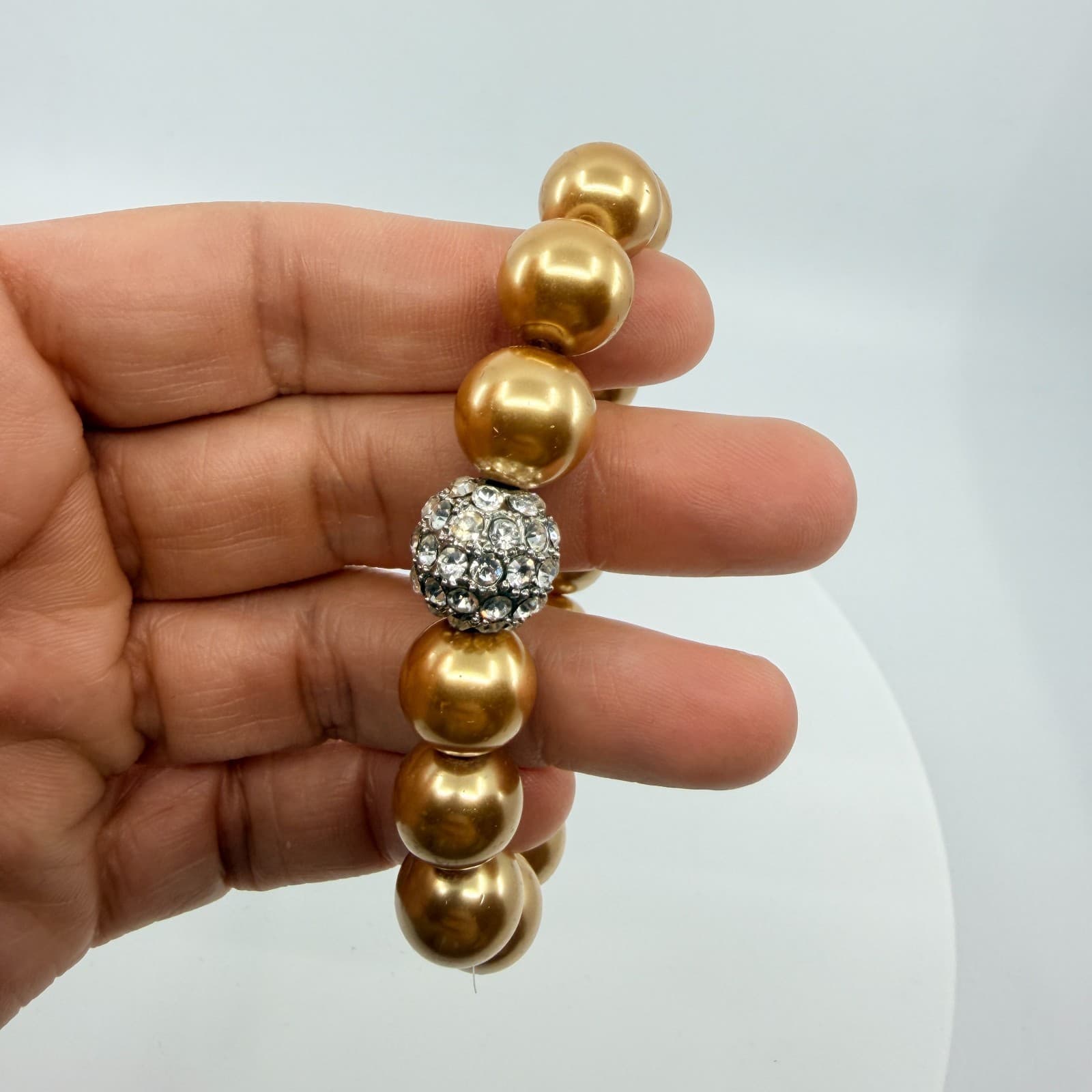 Vintage Gold Tone Faux Pearl Stretch Bracelet Rhinestone Disco Ball Bead Chunky - Thumbnail 8