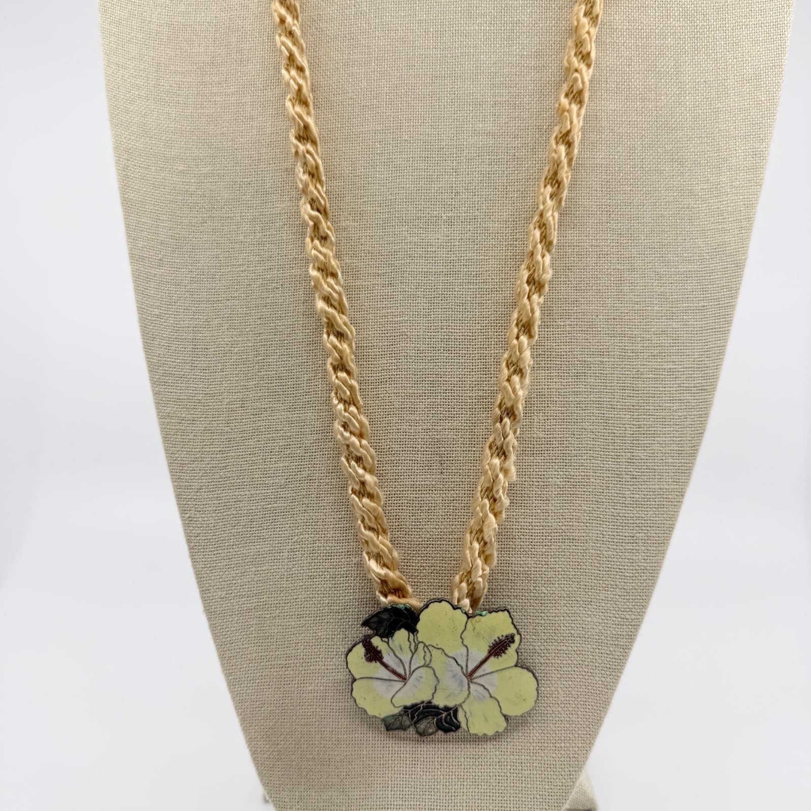 Vintage Cloisonne Enamel Flower Necklace Hibiscus Pendant Satin Silk Cord Boho - Thumbnail 2