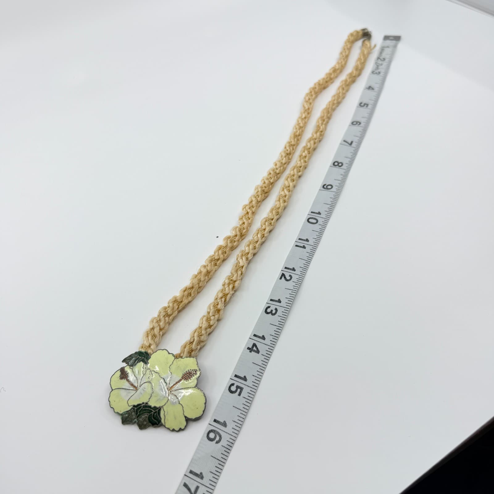 Vintage Cloisonne Enamel Flower Necklace Hibiscus Pendant Satin Silk Cord Boho - Thumbnail 7