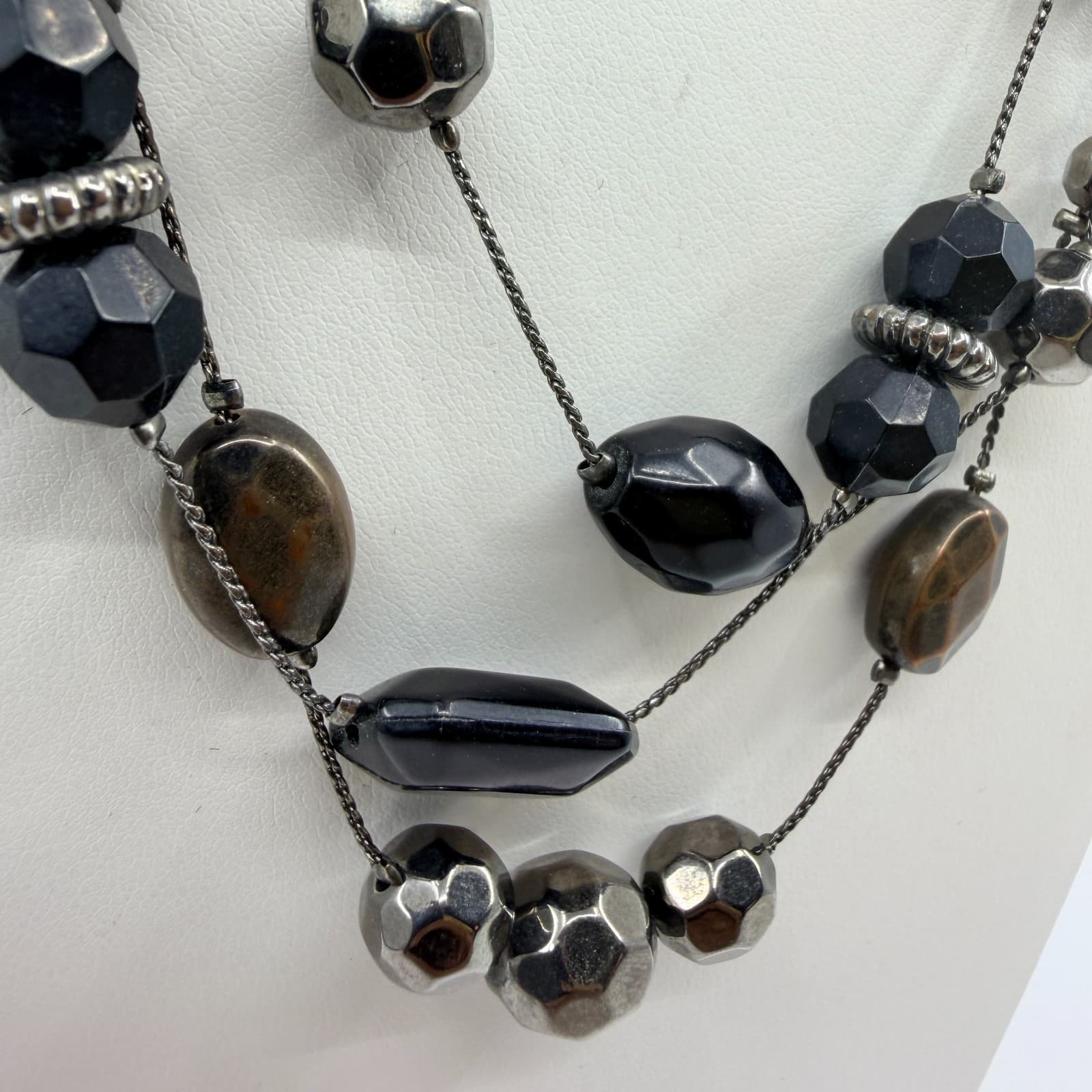 Vintage Gunmetal Tone Layered Necklace Multi Strand Black Onyx Color Bead Boho - Thumbnail 4