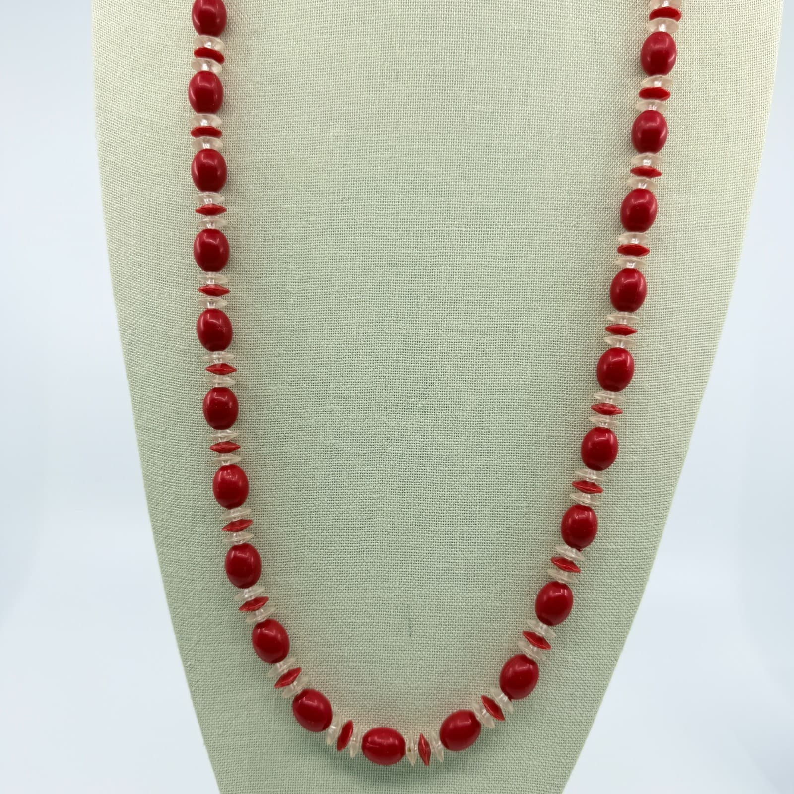 Vintage Long Coral Color Bead Necklace Red Oval Spacer Strand Opera Flapper Boho - Thumbnail 2