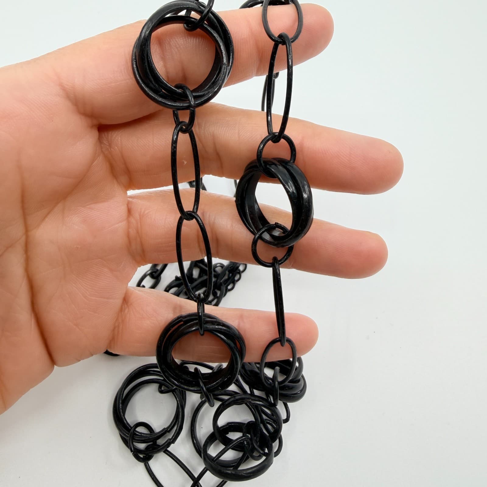 Vintage Black Metal Link Necklace Concentric Circle Ring Station Long Opera Y2K - Thumbnail 5