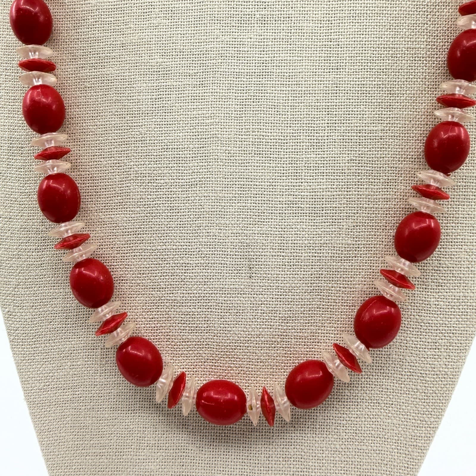 Vintage Long Coral Color Bead Necklace Red Oval Spacer Strand Opera Flapper Boho - Thumbnail 4