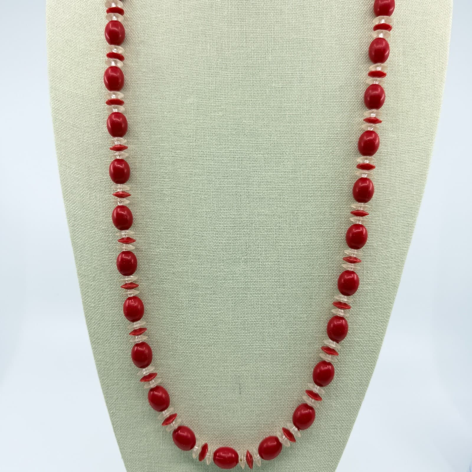 Vintage Long Coral Color Bead Necklace Red Oval Spacer Strand Opera Flapper Boho - Thumbnail 7