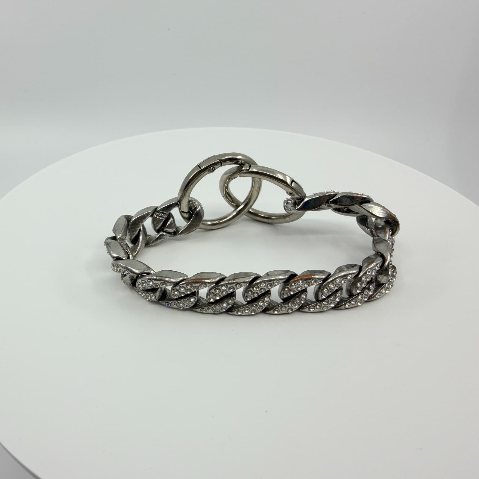 Vintage Silver Tone Chunky Curb Chain Bracelet Clear Rhinestone Pavé Link Y2K - Thumbnail 7