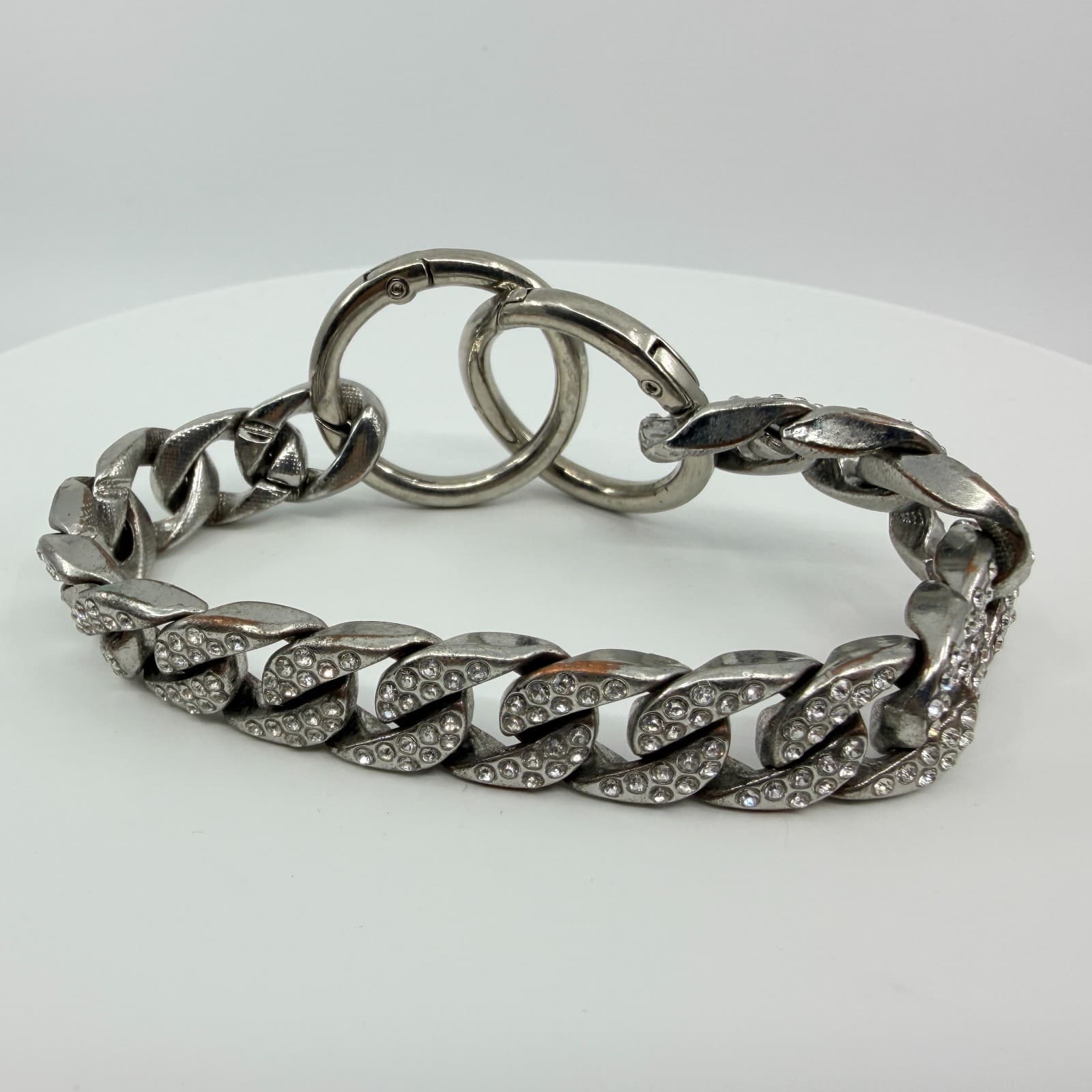Vintage Silver Tone Chunky Curb Chain Bracelet Clear Rhinestone Pavé Link Y2K - Thumbnail 3