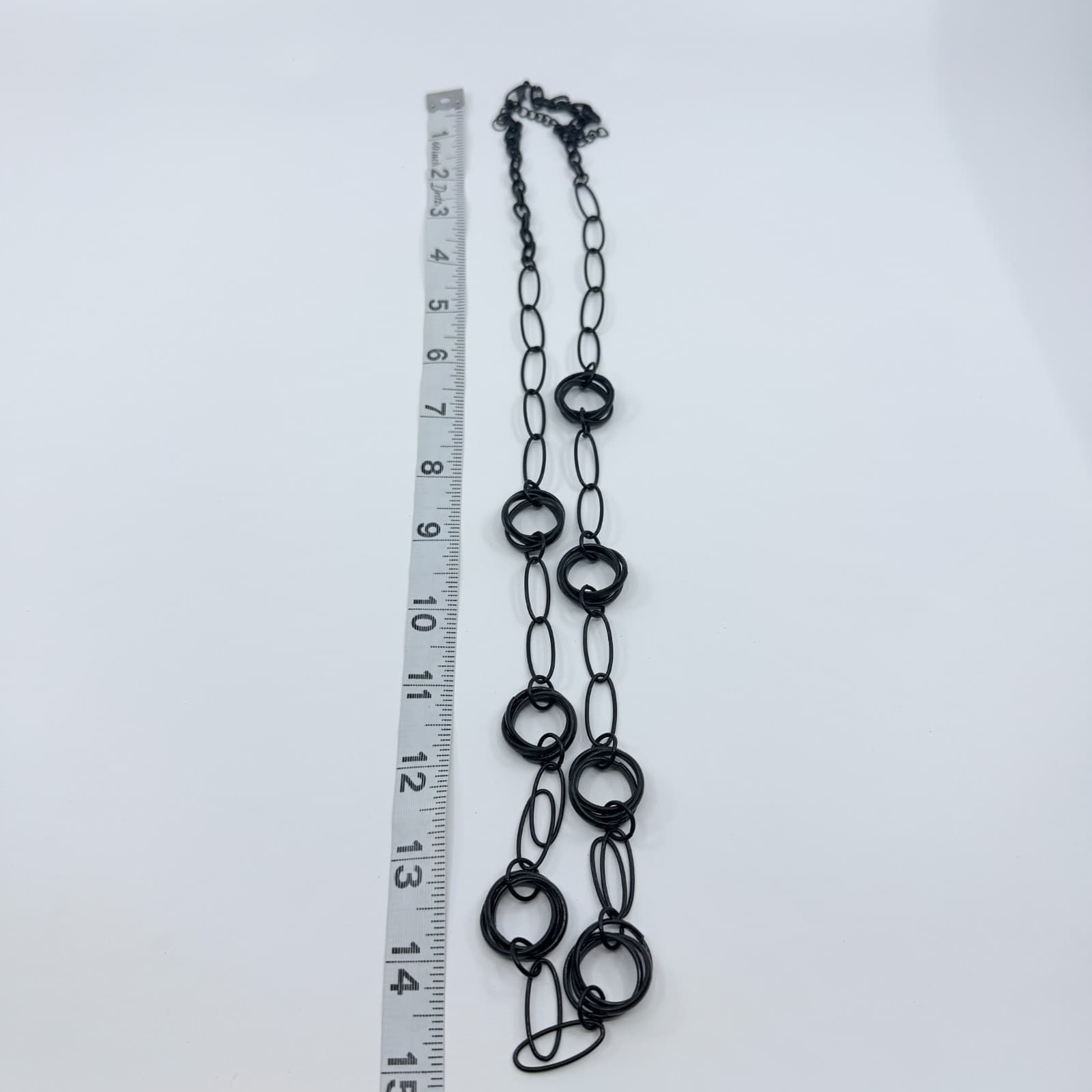 Vintage Black Metal Link Necklace Concentric Circle Ring Station Long Opera Y2K - Thumbnail 6