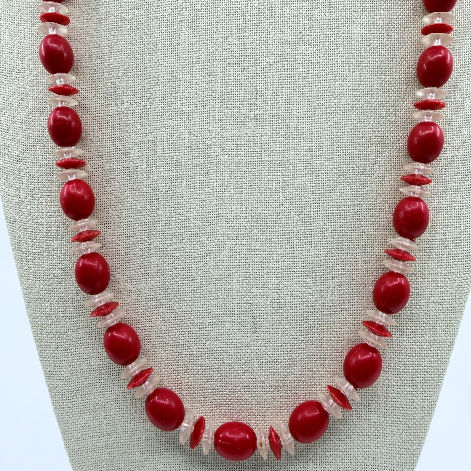 Vintage Long Coral Color Bead Necklace Red Oval Spacer Strand Opera Flapper Boho - Thumbnail 6