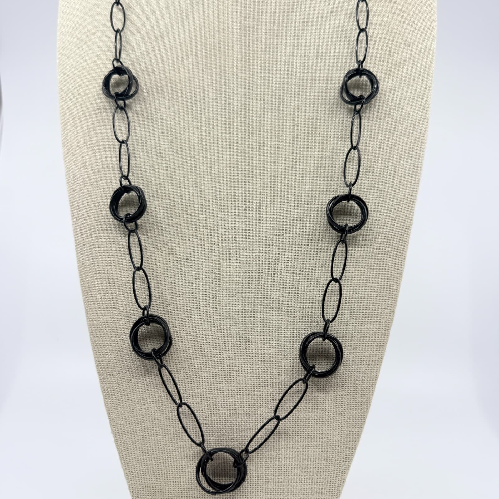 Vintage Black Metal Link Necklace Concentric Circle Ring Station Long Opera Y2K - Thumbnail 2