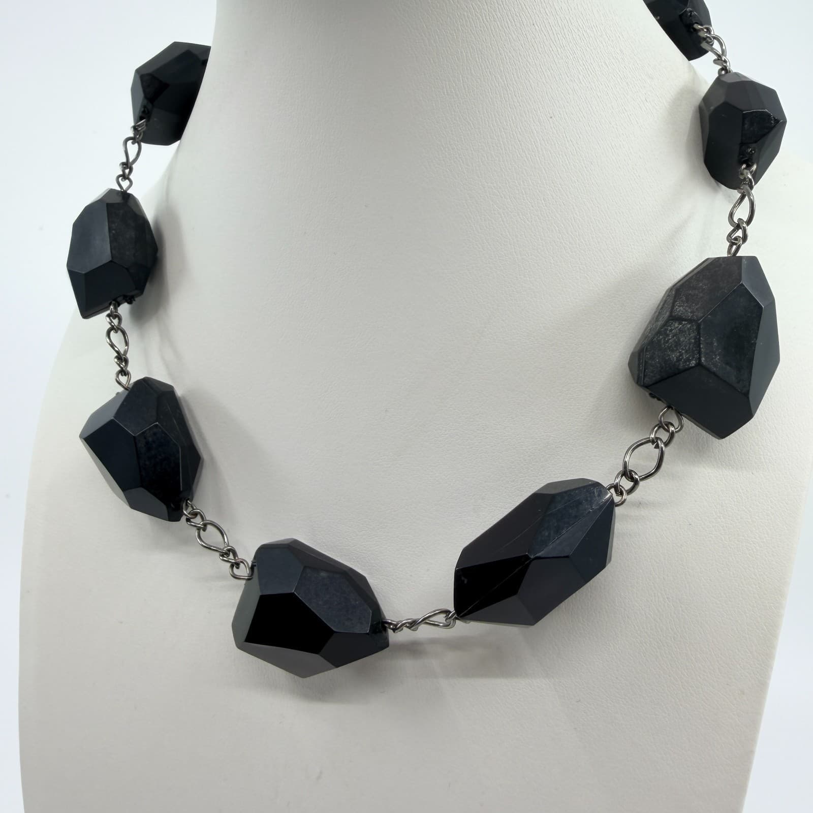 VTG Gunmetal Tone Black Onyx Color Necklace Faceted Chunky Nugget Bead Statement - Thumbnail 2