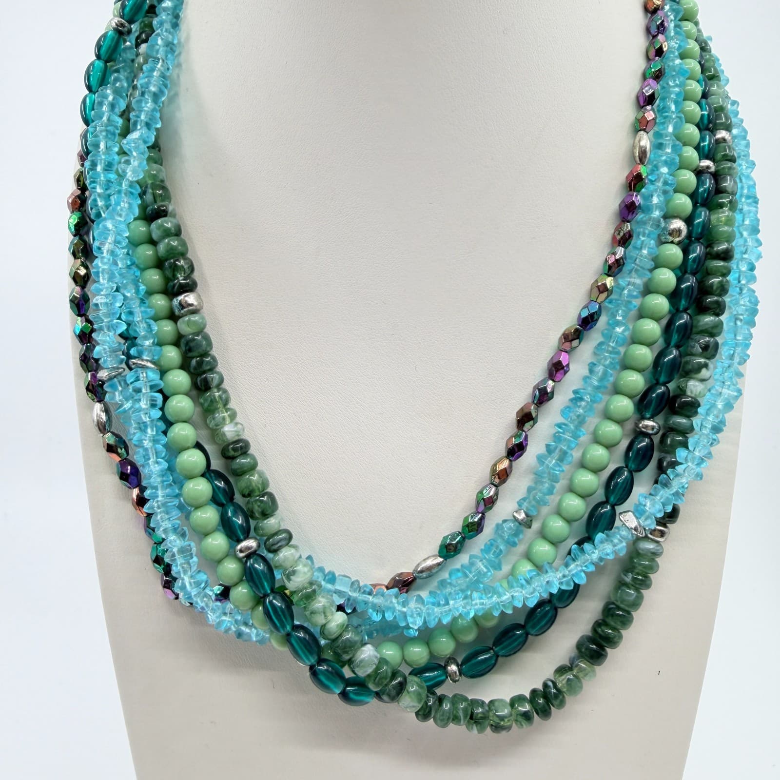 Vintage Y2K Multi Strand Beaded Statement Necklace Teal Aqua Green Chunky Retro - Thumbnail 2