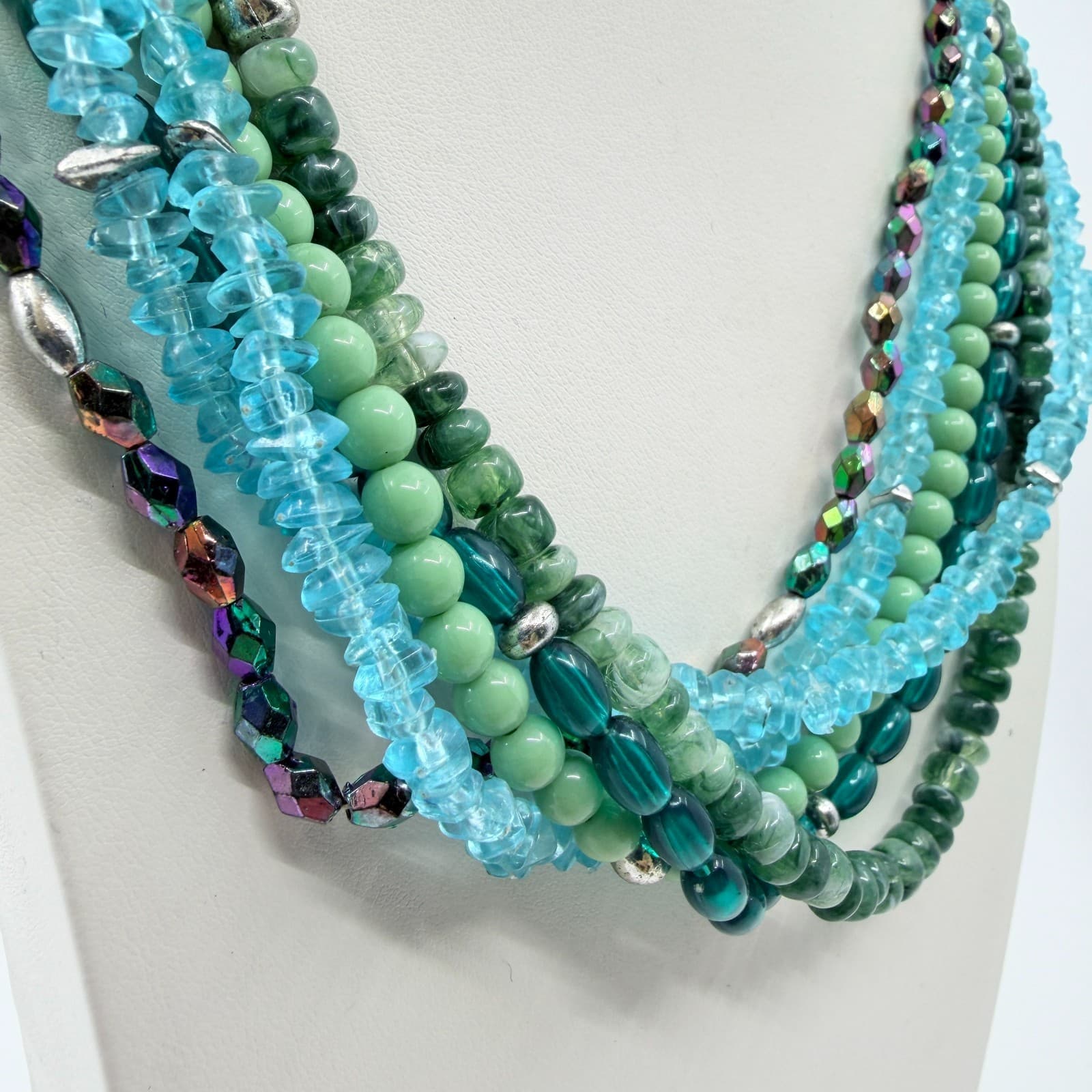 Vintage Y2K Multi Strand Beaded Statement Necklace Teal Aqua Green Chunky Retro - Thumbnail 4