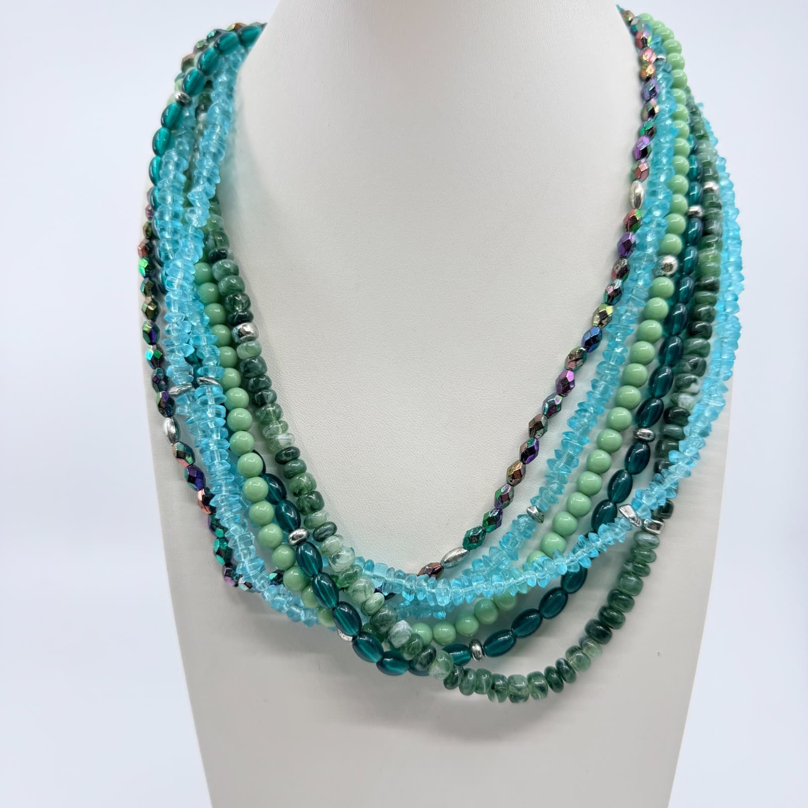 Vintage Y2K Multi Strand Beaded Statement Necklace Teal Aqua Green Chunky Retro - Thumbnail 3