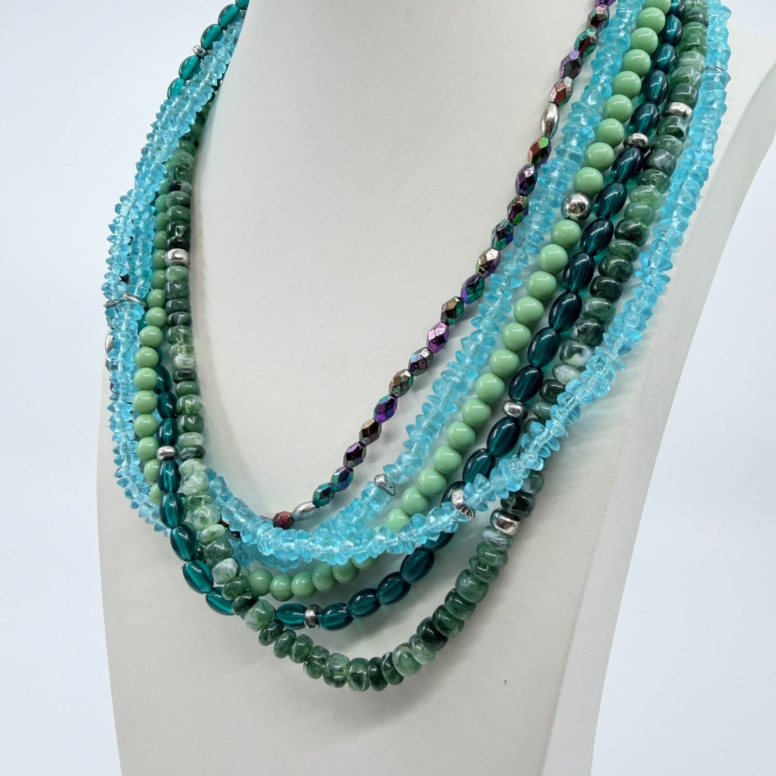 Vintage Y2K Multi Strand Beaded Statement Necklace Teal Aqua Green Chunky Retro - Thumbnail 7