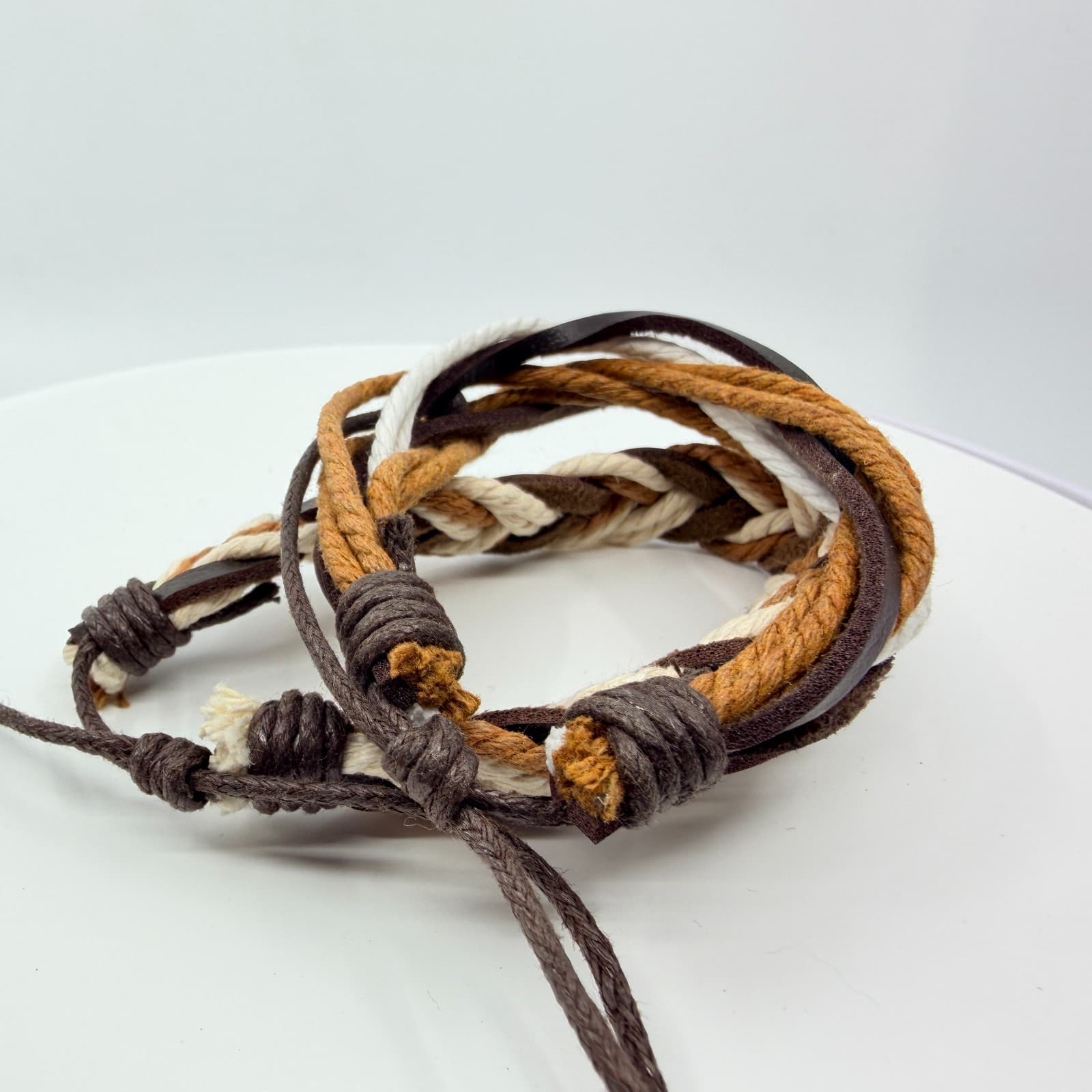 Vintage Boho Multi Strand Leather Rope Bracelet Brown Cream Stacked Unisex Retro - Thumbnail 2