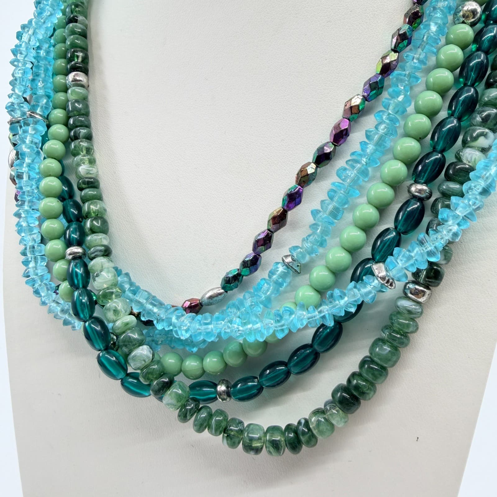 Vintage Y2K Multi Strand Beaded Statement Necklace Teal Aqua Green Chunky Retro - Thumbnail 6