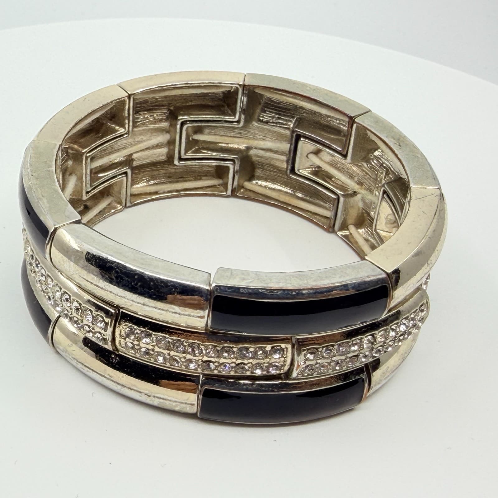 Vintage Y2K Silver Tone Black Enamel Rhinestone Triple Row Stretch Cuff Bracelet - Thumbnail 3