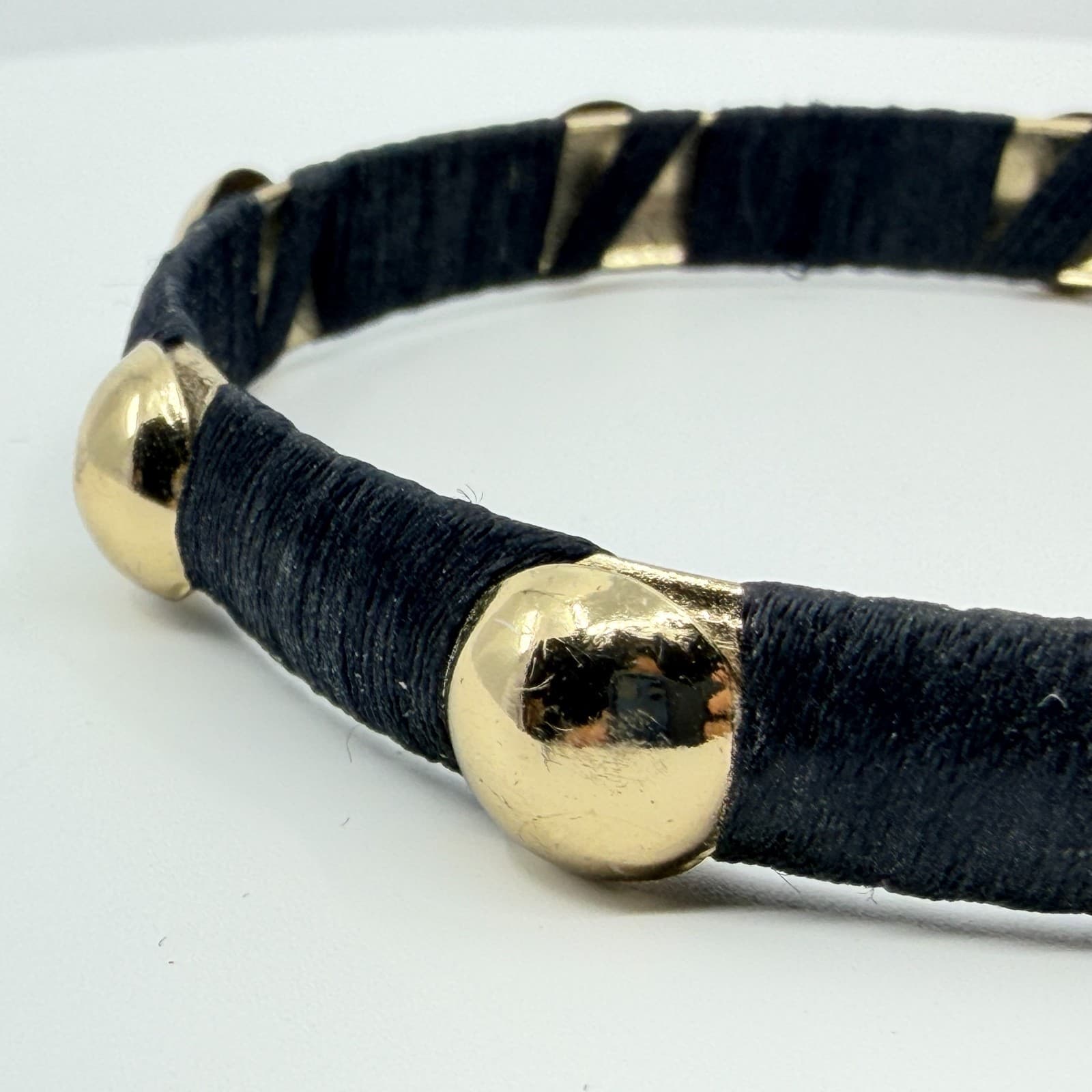 Vintage Black Silk Thread Wrapped Gold Tone Studded Bangle Bracelet Classic - Thumbnail 4