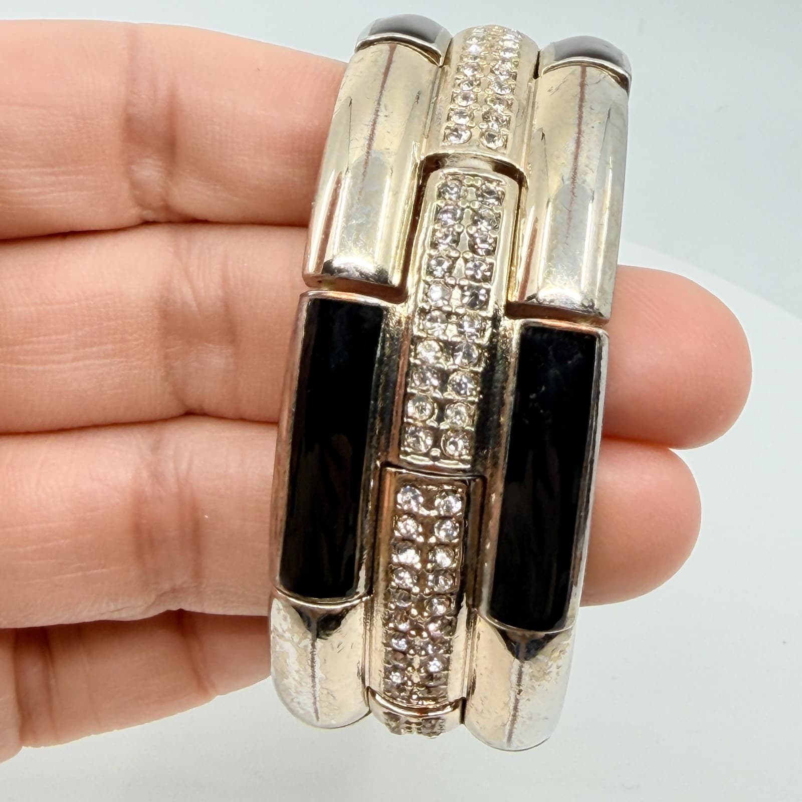 Vintage Y2K Silver Tone Black Enamel Rhinestone Triple Row Stretch Cuff Bracelet - Thumbnail 8