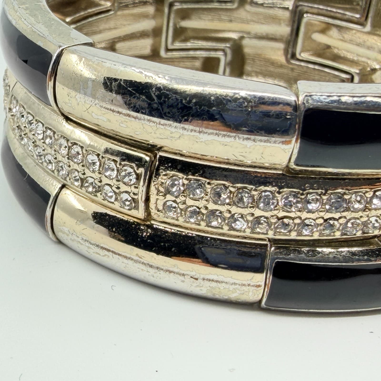 Vintage Y2K Silver Tone Black Enamel Rhinestone Triple Row Stretch Cuff Bracelet - Thumbnail 4