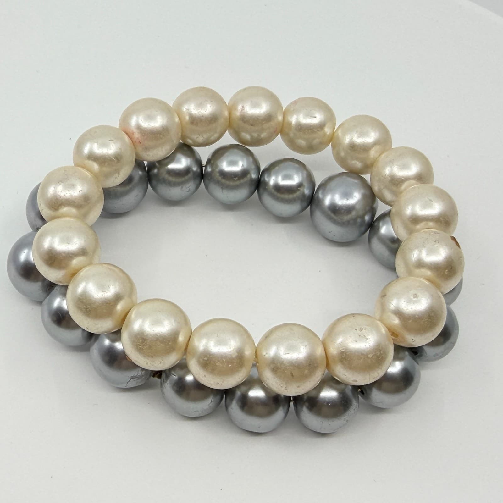 Vintage Chunky Faux Pearl Stretch Bracelet Set Cream Off White Grey Two Piece - Thumbnail 5