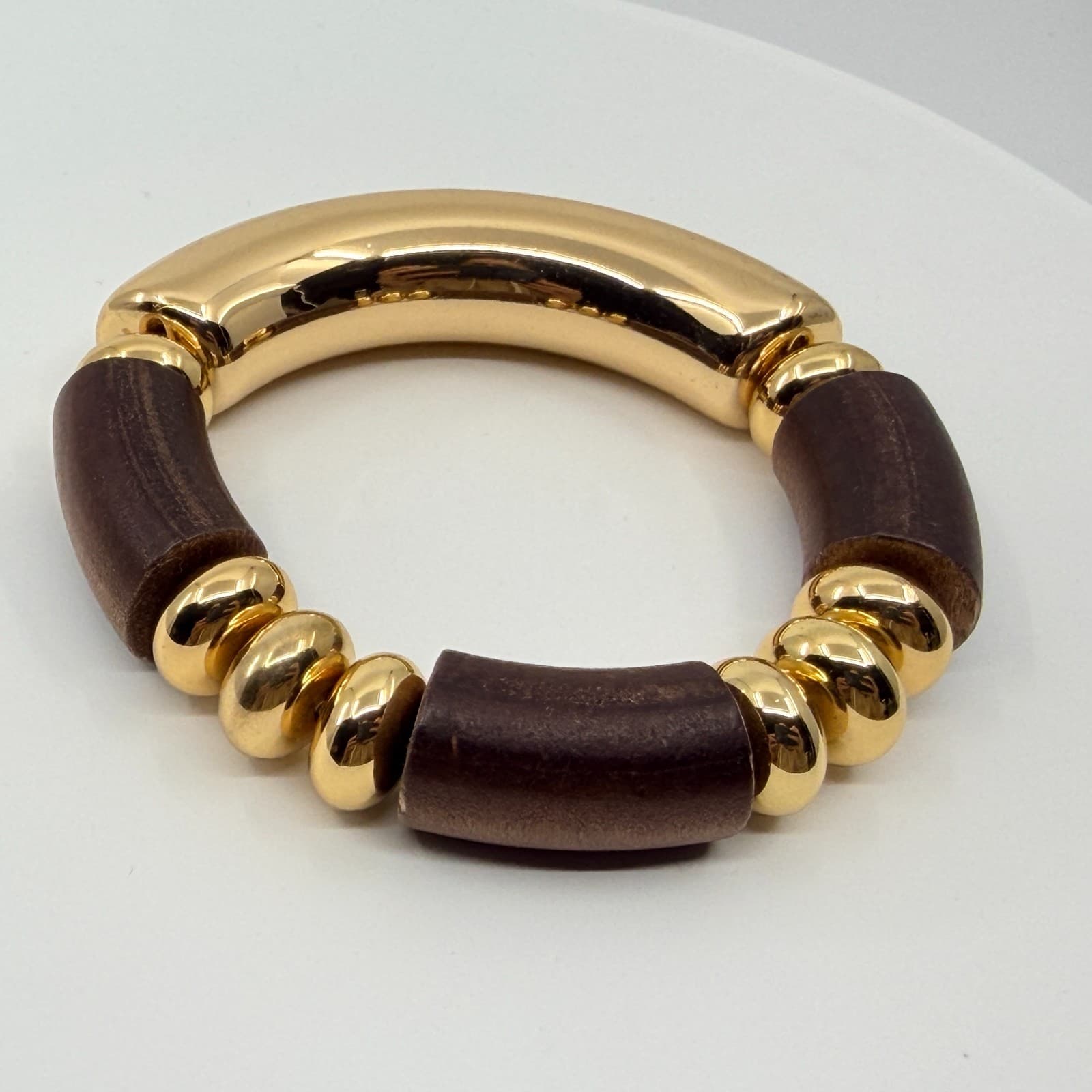 Vintage Retro Chunky Wood Gold Tone Stretch Bracelet Statement Geometric Beaded - Thumbnail 5
