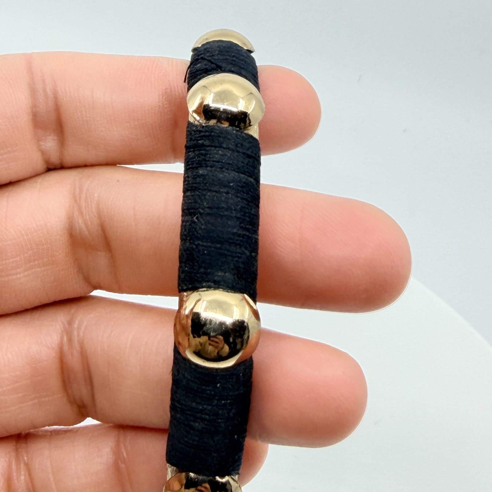 Vintage Black Silk Thread Wrapped Gold Tone Studded Bangle Bracelet Classic - Thumbnail 7