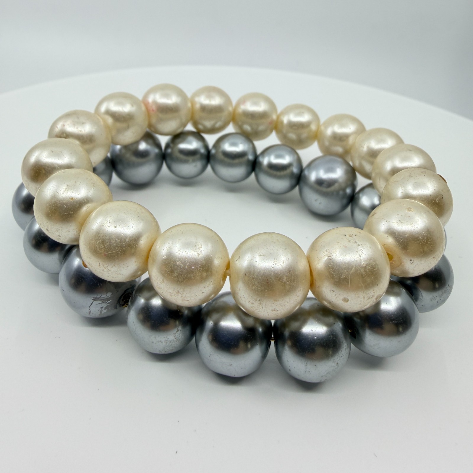 Vintage Chunky Faux Pearl Stretch Bracelet Set Cream Off White Grey Two Piece - Thumbnail 2