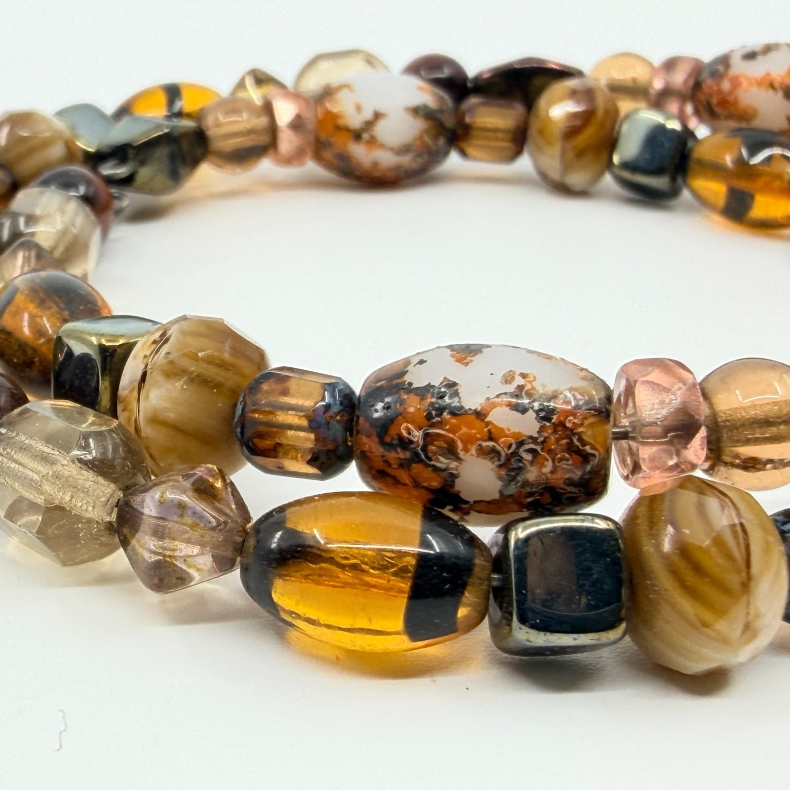 Vintage Boho Earth Tone Amber Tone Brown Agate Style Glass Beaded Wrap Bracelet - Thumbnail 3