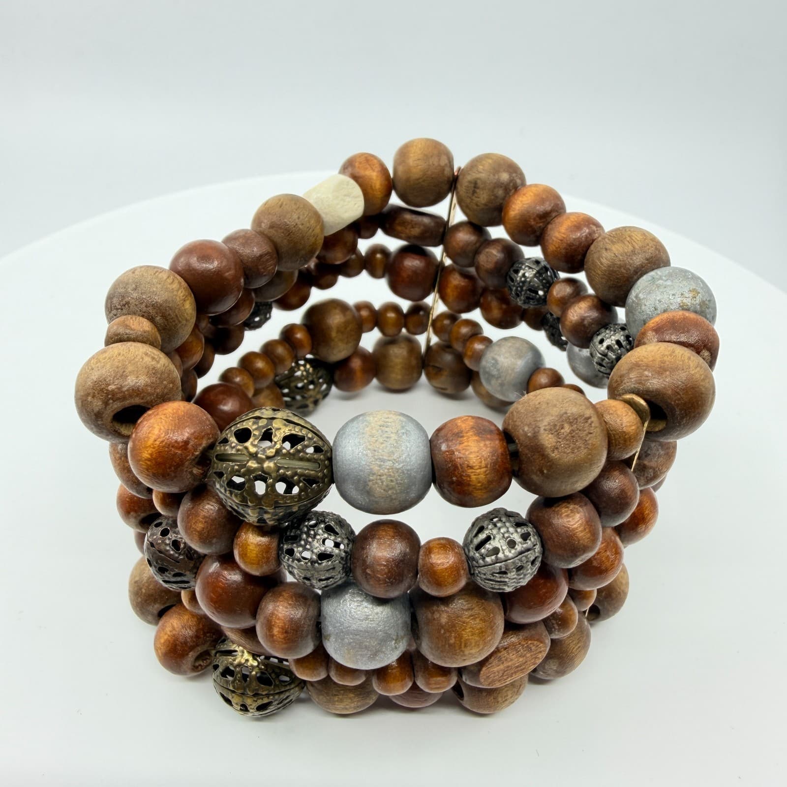 Vintage Boho Multi Row Natural Wood Bead Memory Wire Cuff Bracelet Filigree - Thumbnail 2