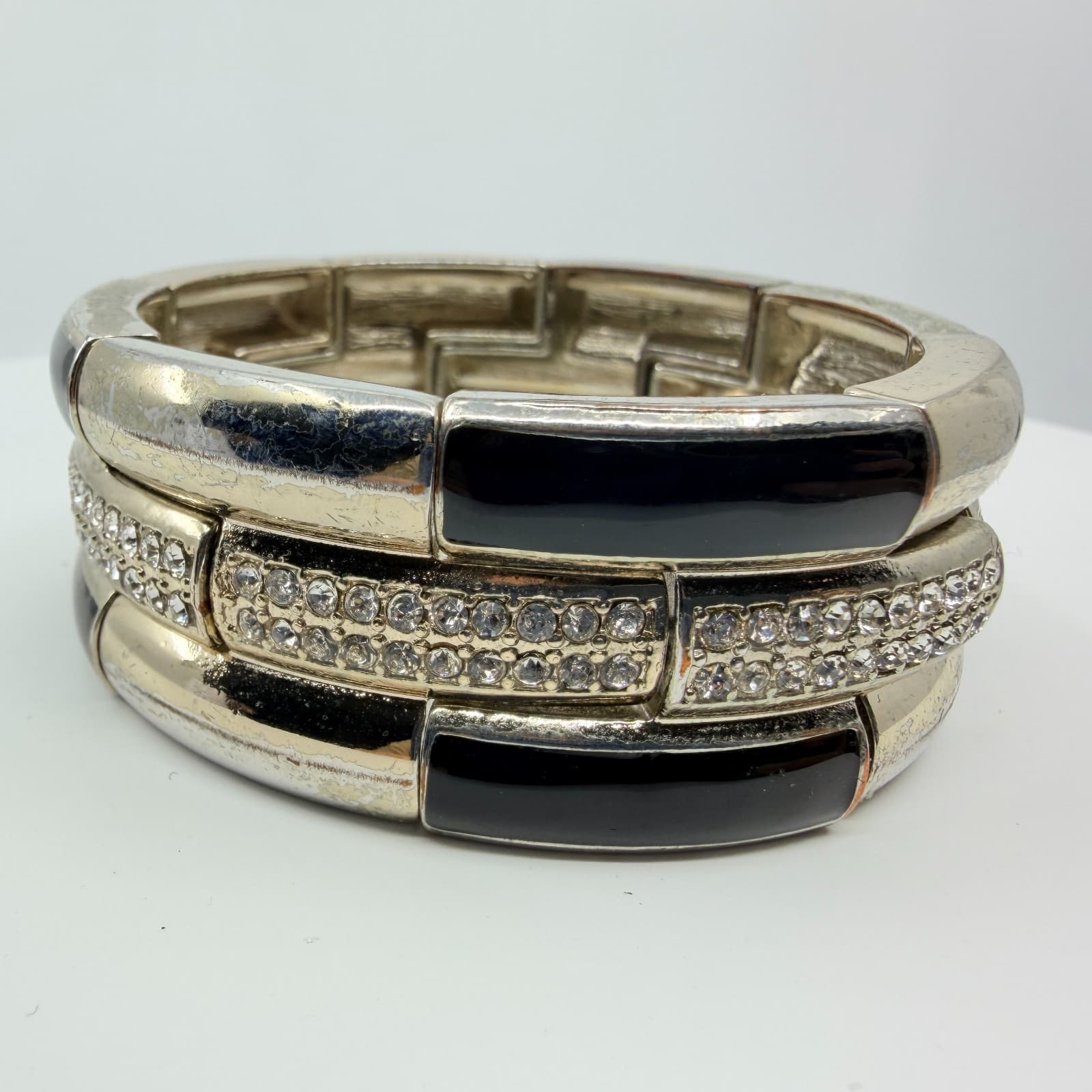 Vintage Y2K Silver Tone Black Enamel Rhinestone Triple Row Stretch Cuff Bracelet - Thumbnail 2