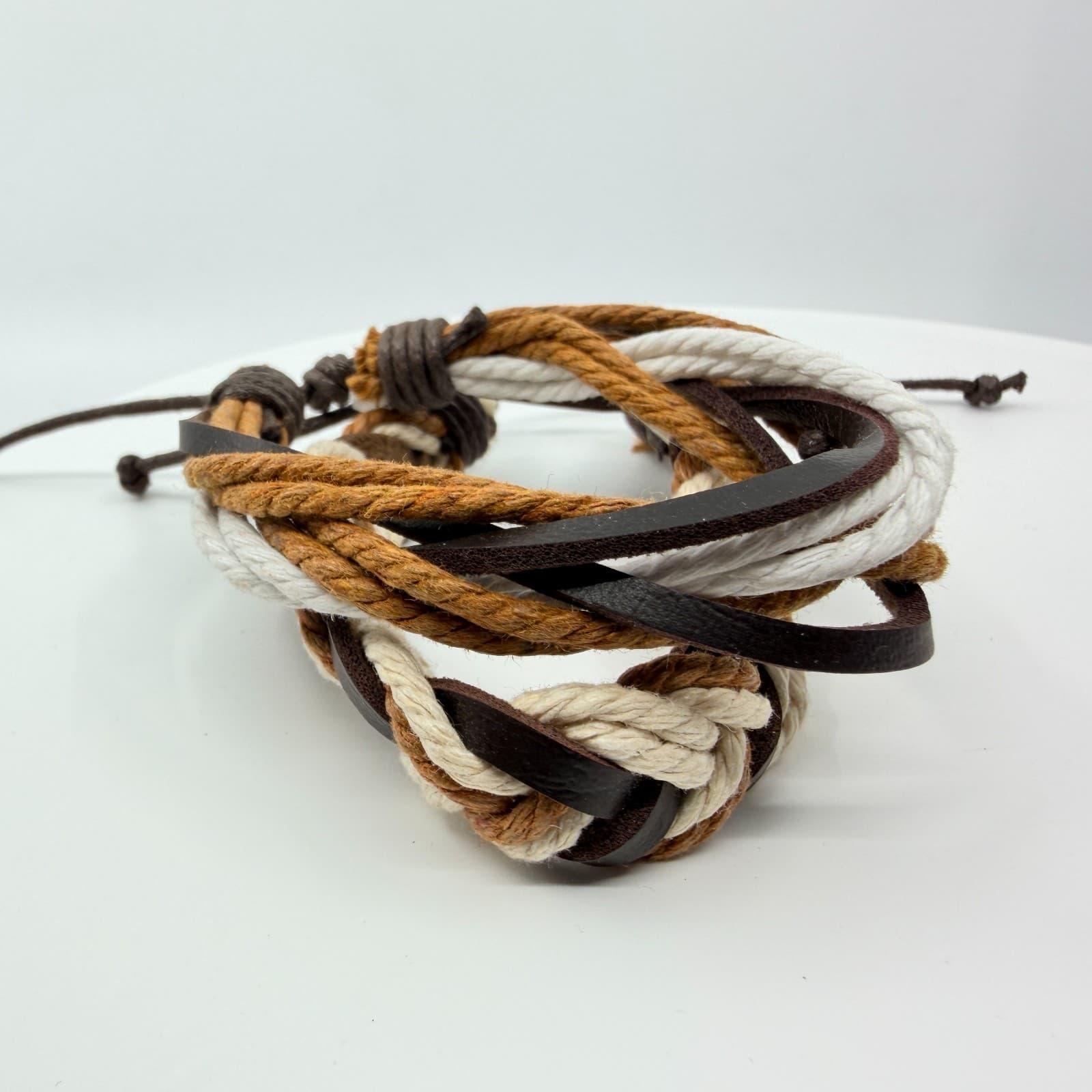 Vintage Boho Multi Strand Leather Rope Bracelet Brown Cream Stacked Unisex Retro - Thumbnail 4