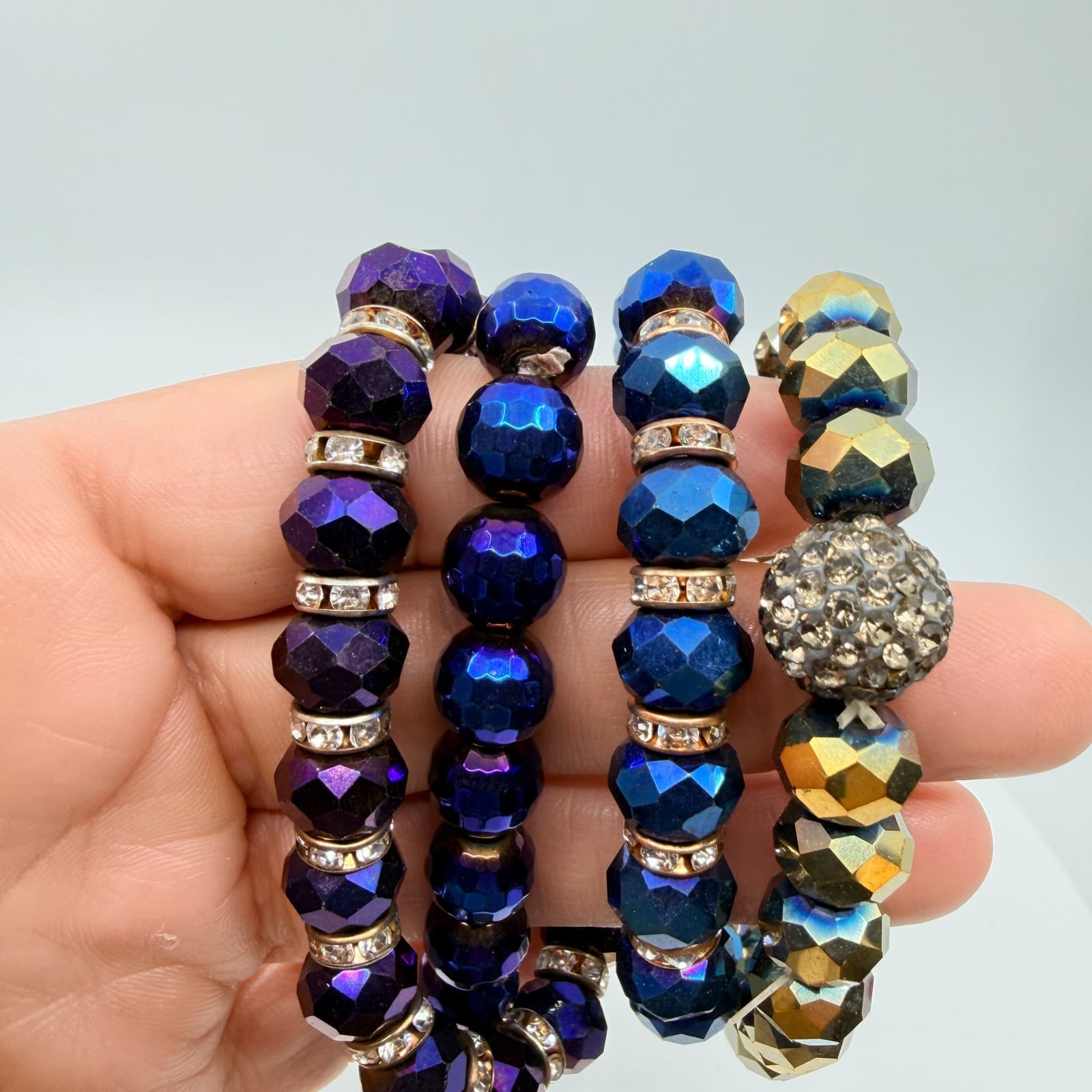 VTG Iridescent Blue Purple Crystal Bead Stretch Bracelet Chandelier Earrings Set - Thumbnail 8