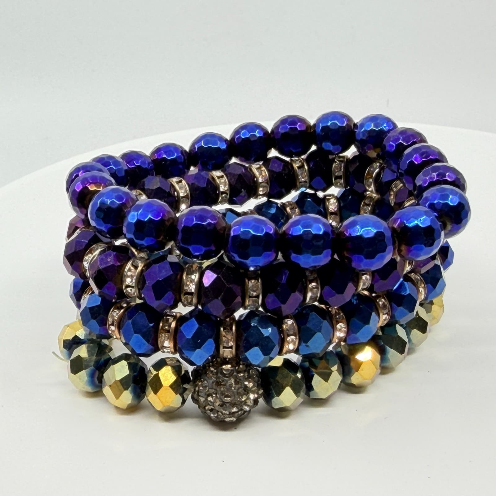 VTG Iridescent Blue Purple Crystal Bead Stretch Bracelet Chandelier Earrings Set - Thumbnail 5