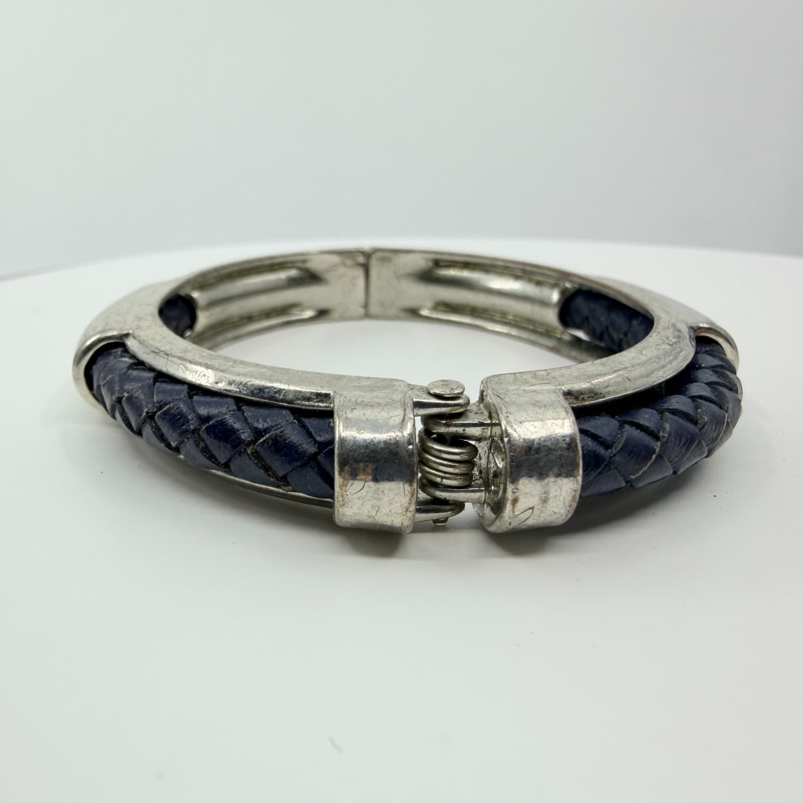 Vintage Braided Blue Leather Silver Tone Hinge Bangle Bracelet Minimalist Cuff - Thumbnail 5