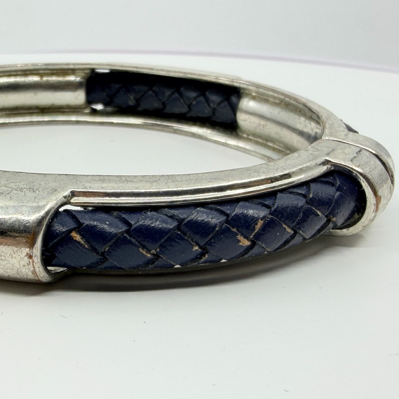 Vintage Braided Blue Leather Silver Tone Hinge Bangle Bracelet Minimalist Cuff - Thumbnail 6